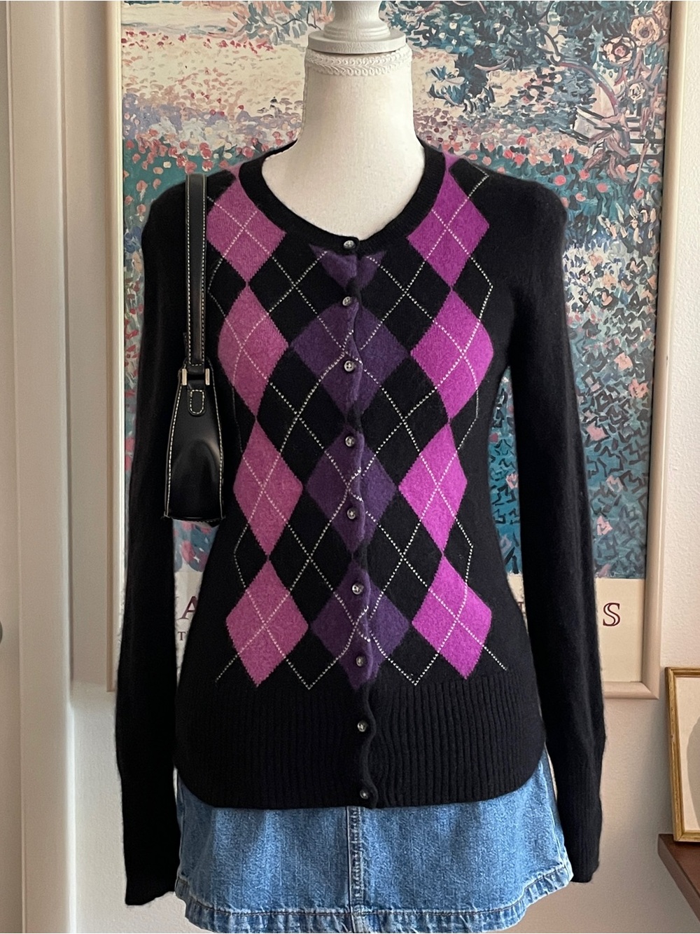 Apt. 9 Cashmere Cardigan Sweater Womens Small Argyle Preppy Dark Academia Y2K